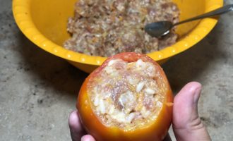 Фаршированный перец и помидоры, запеченные в духовке под томатным соусом